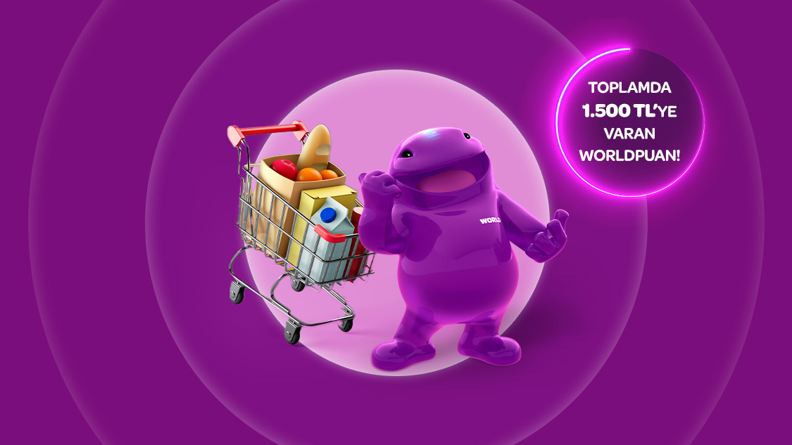 Gıda marketi alışverişlerinize 1.200 TL, World Pay ile ödemelerde ek 300 TL, toplamda 1.500 TL’ye varan Worldpuan hediye!