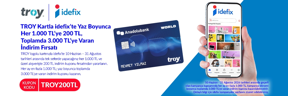 Anadolubank TROY kartla idefix’te yaz boyunca her 1.000 TL’ye 200 TL, toplamda 3.000 TL’ye varan anında indirim fırsatı!