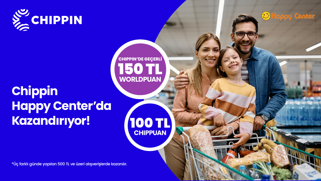 Happy Center'da Chippin uygulaması üzerinden 3 farklı günde yapacağınız 500 TL ve üzeri alışverişinize Chippin'de geçerli 150 TL Worldpuan ve 100 TL ChipPuan!